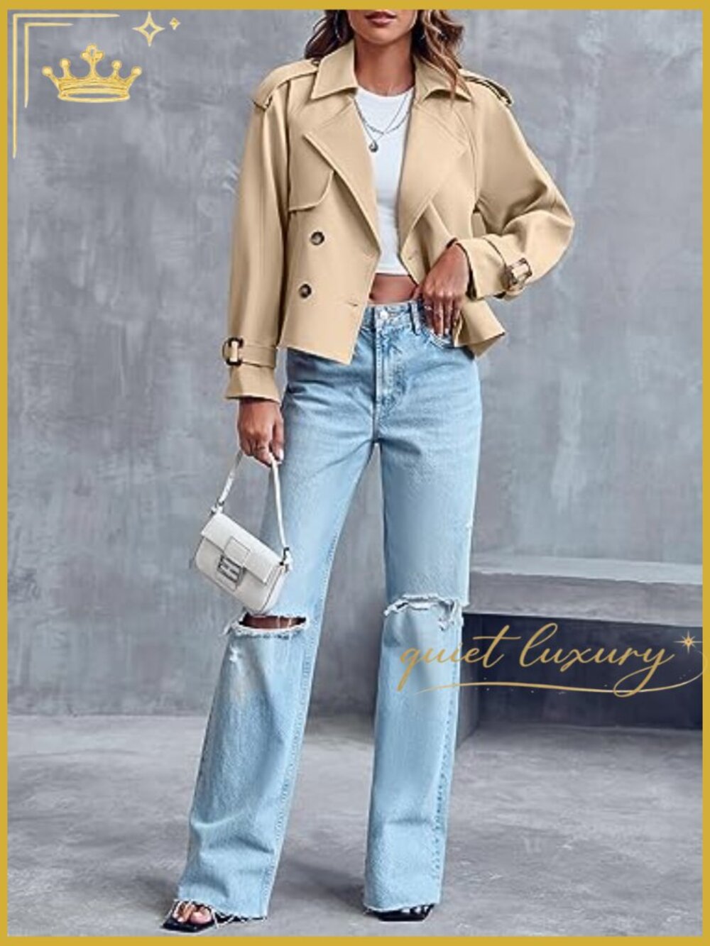 Crop Double Breasted Trench Coat with Pockets - Picture 4 of 7